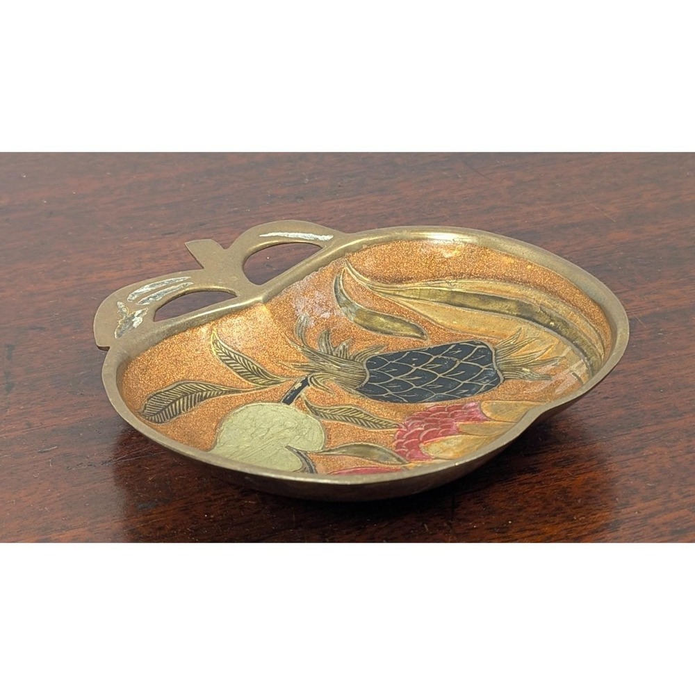 Vintage Enameled Brass Apple Shaped Trinket Dish Fruit Motif Gold Tone 6in - Picture 7 of 7